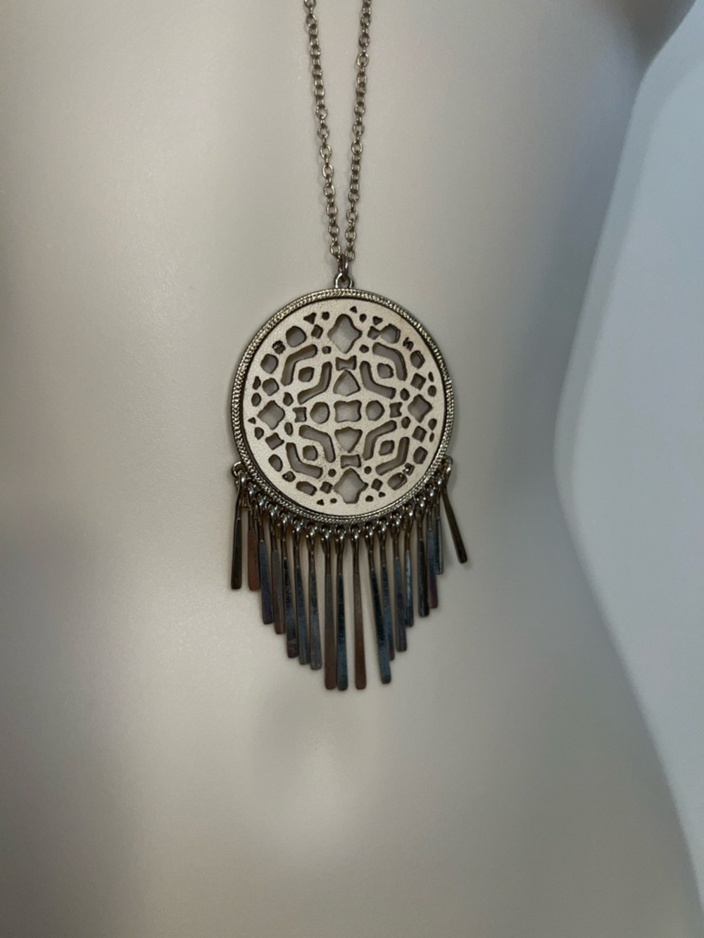 Boho Gold Tone Pendant Necklace Long Chain Leather Medallion Fringe Tassel